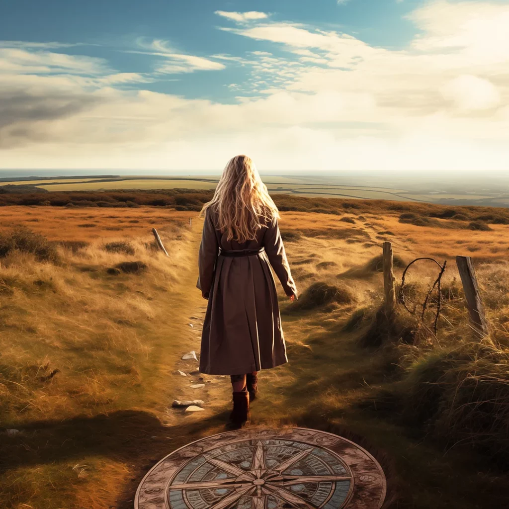 woman walking in autumnal countryside with compass on ground, she is finding her way