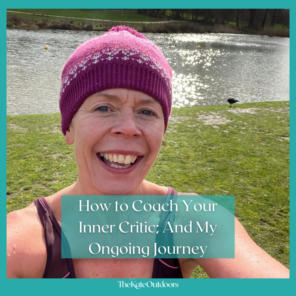 smiley woman in woolly hat in her swimmers with lake in background. Caption reads How to coach your inner critic; and my ongoing journey