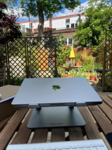 Laptop and desk in the garden